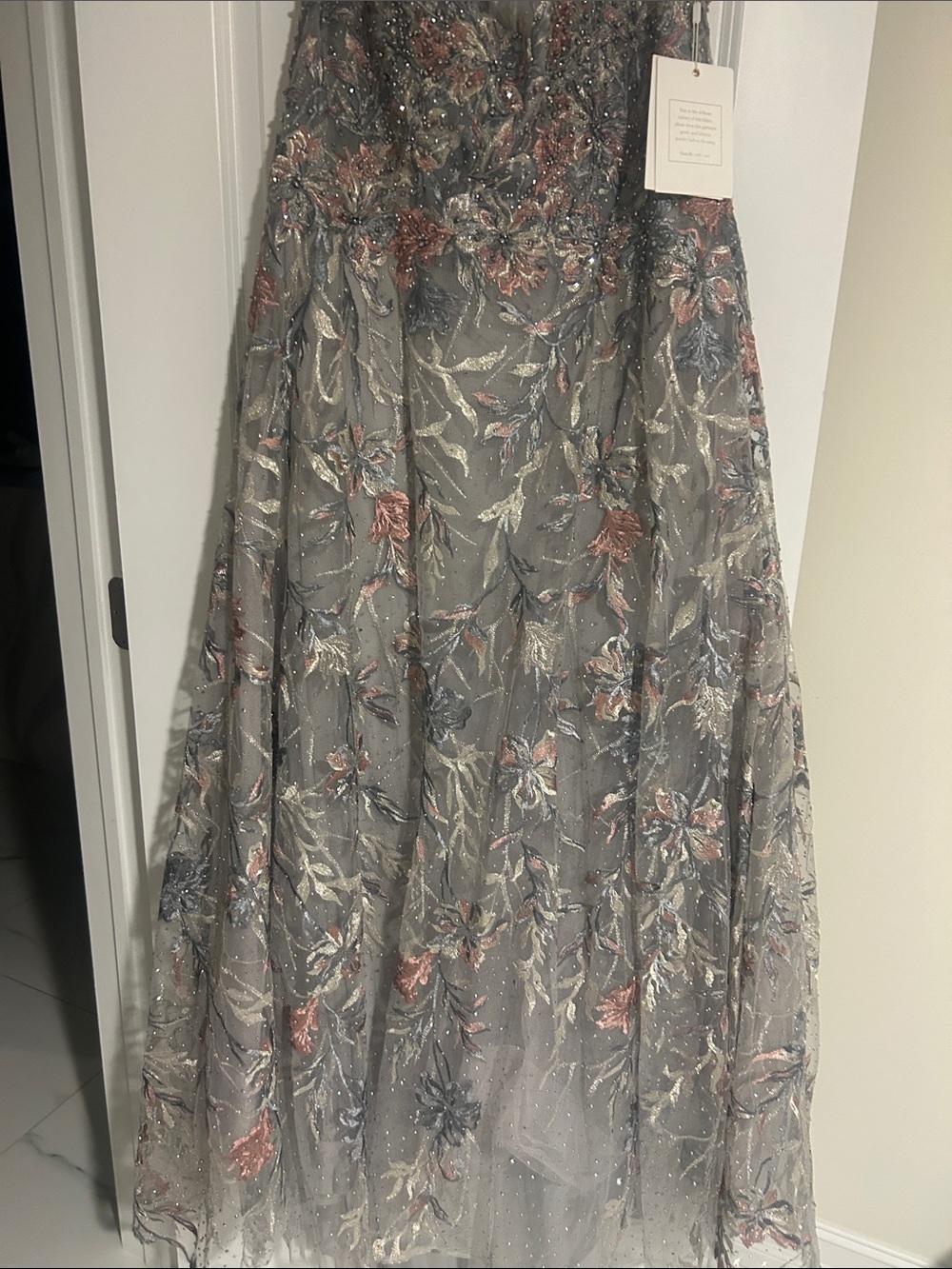 Mac Duggal Gray Floral Embroidered Maxi Gown with Blush & Blue Accents